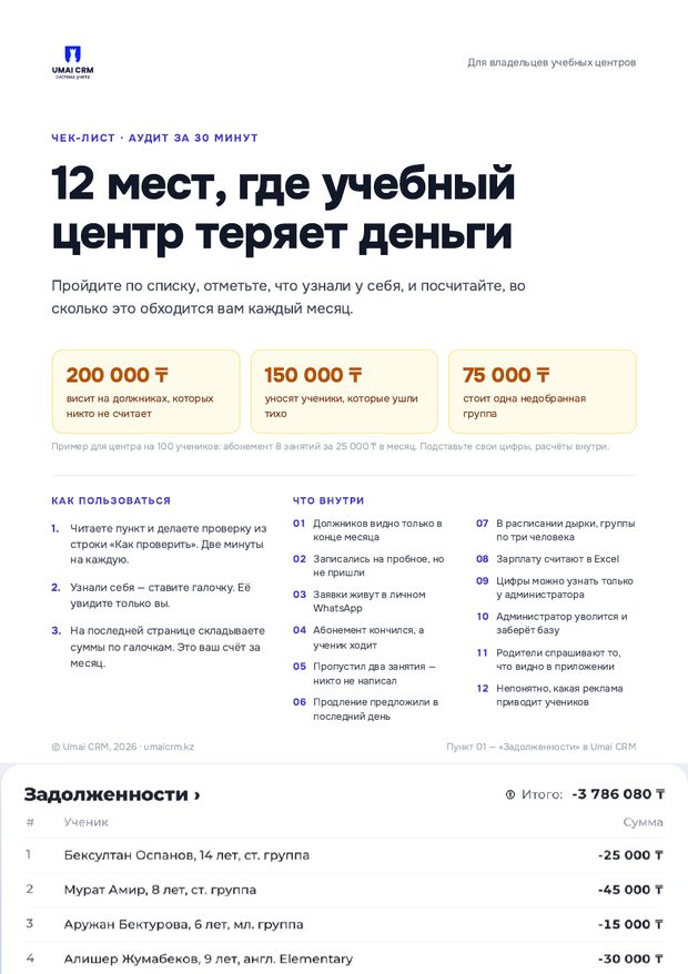 Обложка чек-листа «12 мест, где учебный центр теряет деньги»